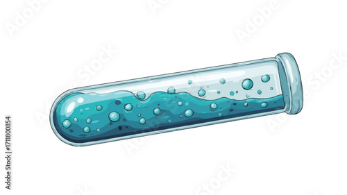 A digital illustration of a single test tube oriented diagonally against a white background. The test tube is transparent glass, partially filled with a teal or light blue liquid containing