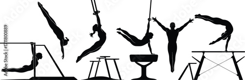 Gymnastics silhouette, male gymnast performance, artistic gymnastics, gymnastic equipment, strength training, balance exercise, gymnastic skills, sports illustration, professional athlete, competition