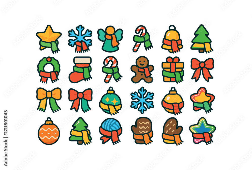 Naklejka premium colorful flat vector icons Scarves (Decorations) scarf star scarf snow scarf angel scarf bell scarf tree scarf wreath scarf stocking scarf candy scarf cookie scarf gift scarf ribbon scarf.