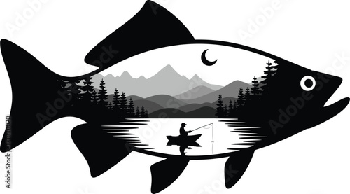 Silhouette of a fish with a serene mountain landscape and a lone angler inside