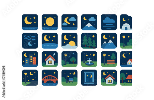 colorful flat vector icons Winter Nights (Scenes) quiet night starry night moon night cloudy night foggy night windy night calm night snowy night icy night polar night city night village.