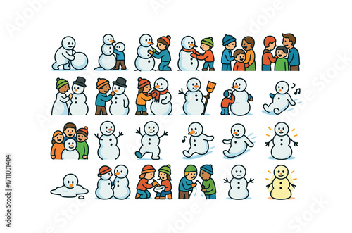 colorful flat vector icons Snowmen (Scenes) snowman rolling snowman stacking snowman shaping snowman decorating carrot placing button placing stick placing hat placing scarf tying broom.