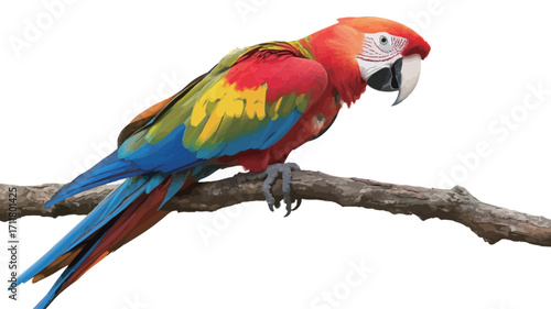 A close-up studio shot of a scarlet macaw perched on a bare, grey-brown branch against a pure white background. The macaw is predominantly red with patches of blue, yellow, and green feathers. 