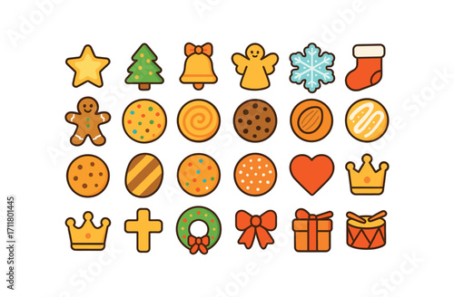colorful flat vector icons Cookies (Types) star cookie tree cookie bell cookie angel cookie snowflake cookie stocking cookie ginger cookie sugar cookie butter cookie chocolate cookie almond.