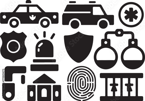 Justice and law enforcement icons: police, court, jail