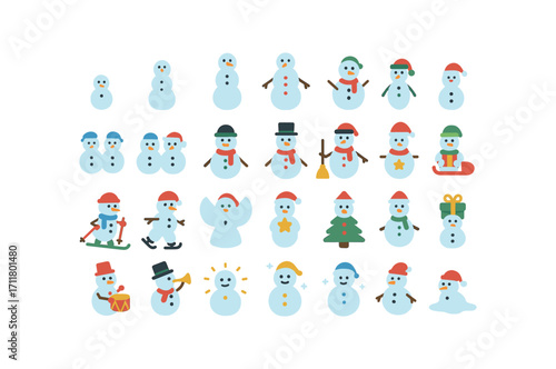 colorful flat vector icons Snowmen (Types) tiny snowman small snowman tall snowman fat snowman slim snowman baby snowman twin snowmen trio snowmen hat snowman scarf snowman broom snowman.