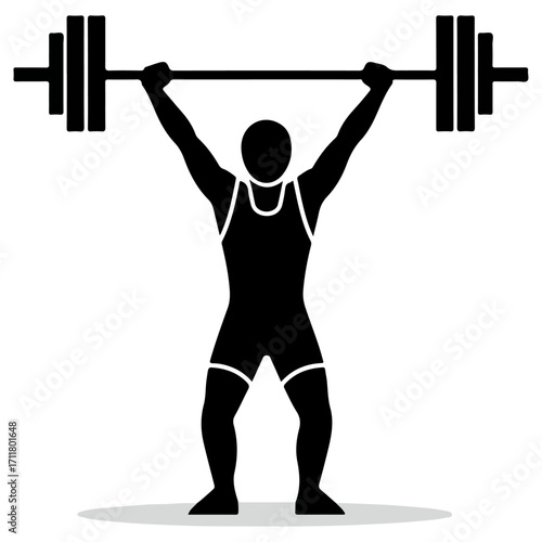 Weightlifter lifting heavy barbell overhead during competition.