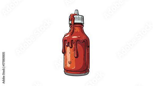 A digital illustration of a glass bottle of hot sauce. The bottle is cylindrical with a small cap and is filled with a viscous, red liquid.  The sauce is dripping down the sides of the bottle. The