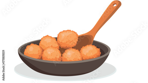 A digital illustration depicting several round, golden-brown fried food balls in a dark brown bowl. A light orange wooden spatula rests against the rim of the bowl