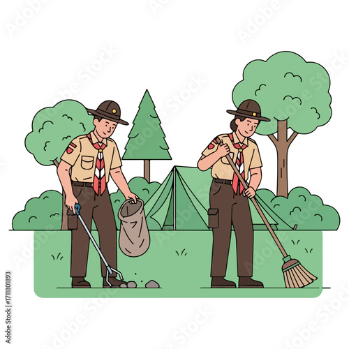 Boy Scouts Cleaning Up the Campground Environment.