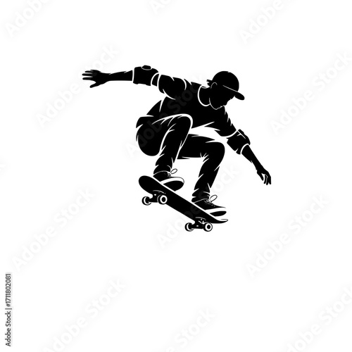 Silhouette of a young skateboarder performing a trick mid air on a skateboard isolated on white background