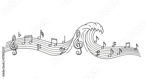Dynamic music notes flow like a wave, creating a harmonious visual symphony for artistic projects.