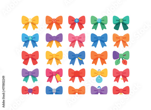 colorful flat vector icons Bows (Decorations) pearl center bead center button center gem center crystal center foil tails lace tails velvet tails satin tails glitter coat matte coat shine.