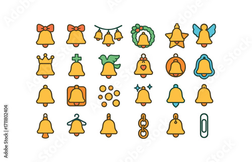 colorful flat vector icons Bells (Decorations) bell ribbon bell bow bell garland bell wreath bell star bell angel bell crown bell cross bell dove bell charm bell pendant bell bell magnet.