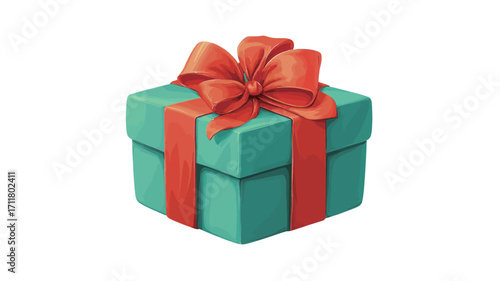 A digital illustration of a square, teal-colored gift box adorned with a large red ribbon tied in a bow. The box is presented on a plain white background. The image is a clean, stylized
