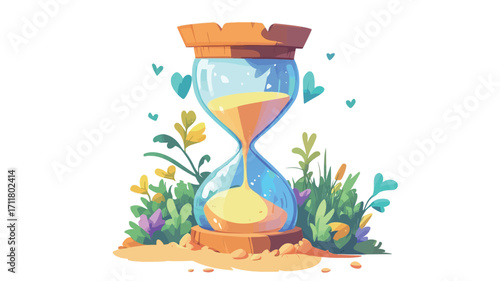 A digital illustration of an hourglass surrounded by stylized flowers and hearts. The hourglass is depicted in a cartoon style with a light blue glass body, a wooden top and bottom, and yellow