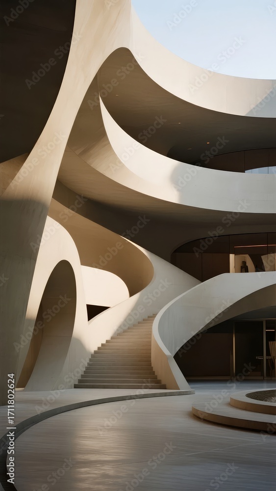 Fototapeta premium Modern architectural interior with flowing curves and sculptural staircases