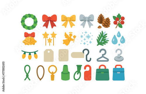 colorful flat vector icons Wreaths (Decorations) red bow gold ribbon silver ribbon pinecones set berry picks bell cluster star picks angel picks snow spray frost tips glitter dust crystal.