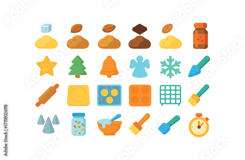 colorful flat vector icons Cookie Baking (Types) sugar dough ginger dough butter dough chocolate dough almond dough spice mix star cutter tree cutter bell cutter angel cutter snow cutter.