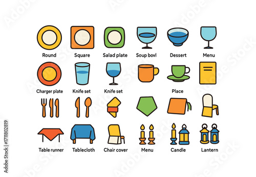 colorful flat vector icons Table Settings (Types) round plate square plate salad plate soup bowl dessert bowl charger plate water glass wine glass flute glass mug cup tea cup coffee cup.