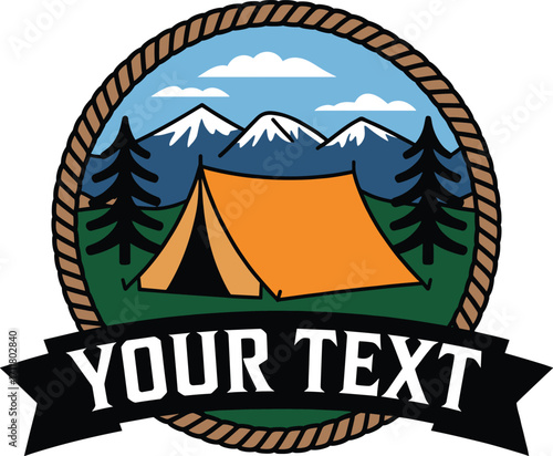 Rustic camping adventure logo with tent mountains trees and ribbon for text