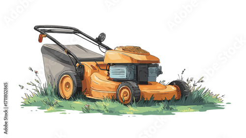 Digital painting or illustration of an orange lawn mower sitting on a patch of green grass. The lawn mower is depicted in a three-quarter view, showing details such as the wheels, handle, and grass
