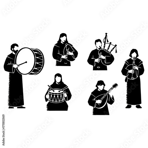 Medieval musicians playing various instruments in black and white.