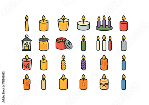 colorful flat vector icons Candles (Types) taper candle pillar candle votive candle tea light advent candle lantern candle jar candle tin candle red candle green candle white candle gold.