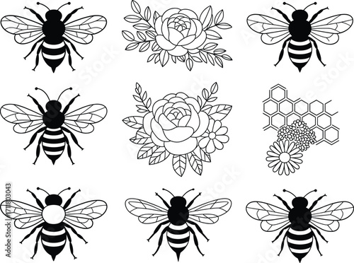 Collection of stylized black and white bees and floral elements for design projects