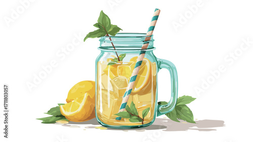 Digital illustration of a mason jar filled with lemonade, ice, and mint leaves.  A striped straw is inserted into the jar. Two lemon slices are visible within the drink. 