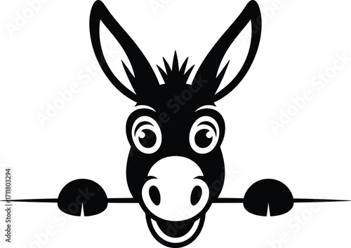 Whimsical black and white donkey peeking over a white surface playful cartoon farm animal