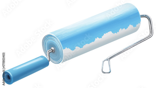 A digital illustration of a paint roller. The roller is cylindrical with a blue body. The paint on the roller appears white and partially covers the blue cylindrical surface, creating a sky-like