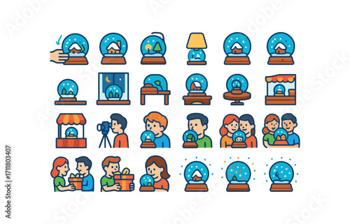 colorful flat vector icons Snow Globes (Scenes) shake globe set globe light on light off music on music off shelf line window shelf desk corner mantel center table center shop shelf fair.