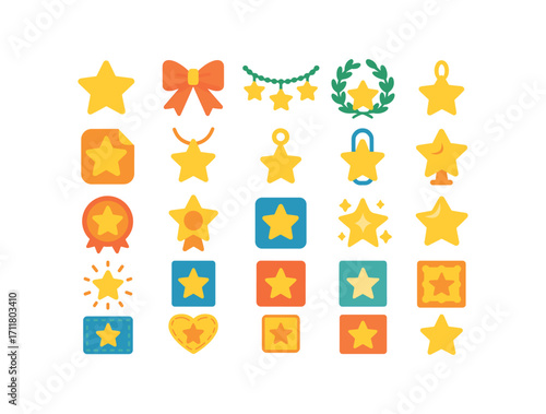 colorful flat vector icons Stars (Decorations) star ribbon star bow star garland star wreath star star pendant star charm star clip star badge star brooch star magnet star topper star light.