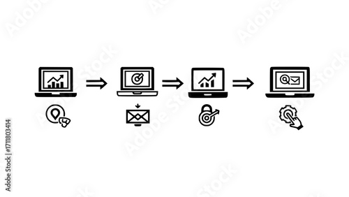 Digital workflow progression with computer and data icons