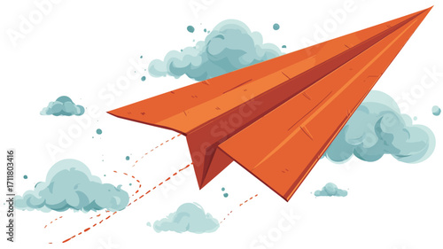 The image is a digital illustration depicting an orange paper airplane in flight against a background of light blue watercolor clouds. The airplane is depicted in a simple, cartoonish style. 