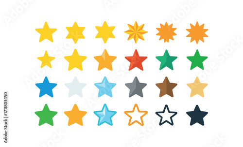 colorful flat vector icons Stars (Types) five point six point seven point eight point nine point ten point tiny star big star gold star silver star red star green star blue star white star.