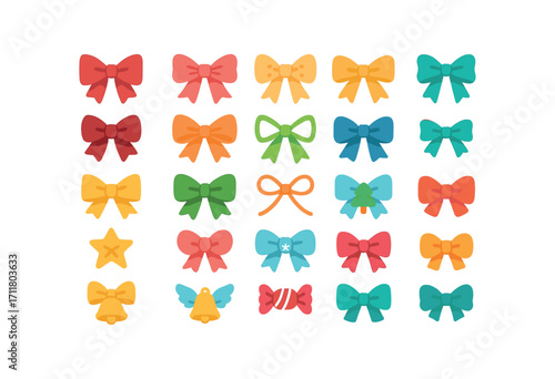 colorful flat vector icons Bows (Types) classic bow ribbon bow lace bow satin bow velvet bow organza bow wired bow fabric bow paper bow felt bow yarn bow tulle bow star bow heart bow snow.
