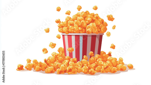 A digital illustration depicting a red and white striped popcorn bucket overflowing with golden, buttery popcorn kernels.  Popcorn kernels are also scattered around the base of the bucket on a
