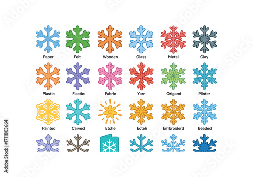 colorful flat vector icons Snowflakes (Decorations) paper flake felt flake wooden flake glass flake metal flake clay flake plastic flake fabric flake yarn flake origami flake flake neon.