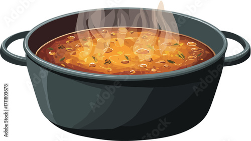 A digital illustration depicting a dark gray or black cooking pot filled with a steaming, orange-brown soup or stew. The soup appears thick and contains visible ingredients.  Steam rises from the