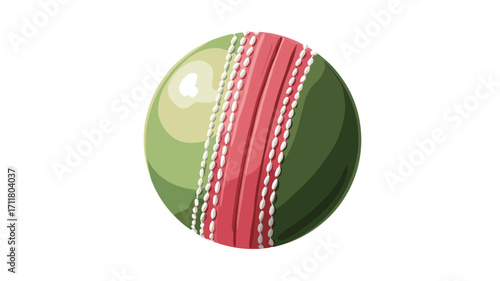 A digital illustration of a green cricket ball with a red seam. The ball is depicted in a cartoon style against a plain white background.  The illustration is brightly lit, with a slight highlight