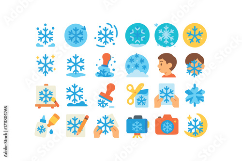 colorful flat vector icons Snowflakes (Scenes) flake falling flake swirling flake drifting flake scattering flake glowing flake shining flake sparkling flake melting flake freezing flake.