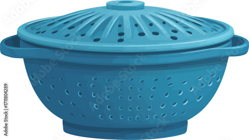 A studio shot of a blue plastic colander with a matching blue lid. The colander is a rounded bowl shape with small perforations throughout. The lid has a similar design with radiating lines and