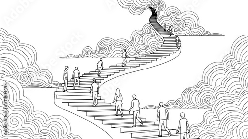 People walking up a winding staircase into the clouds, symbolizing journey and aspiration