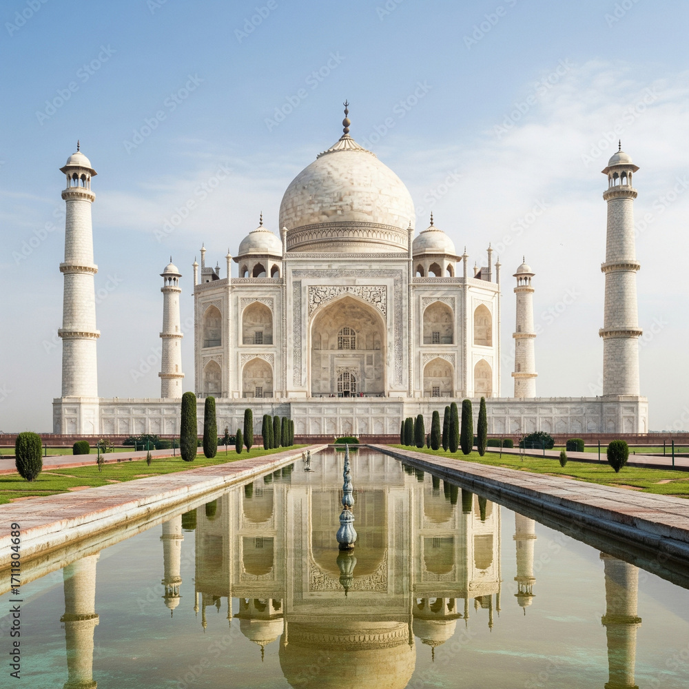 Obraz premium The Taj Mahal isn’t just white marble—its colors change with the sky. 🌅 Pink at dawn, dazzling white at noon, and golden under moonlight, it reflects time itself. 