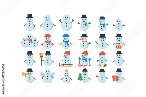 colorful flat vector icons Snowmen (Types) tall snowman fat snowman small snowman giant snowman baby snowman twin snowmen trio snowmen red scarf snowman blue scarf snowman green scarf.