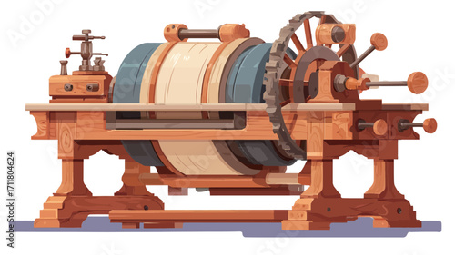A digital illustration depicting an antique wooden textile machine. The machine is predominantly light brown and features a large central cylindrical component with a visible wrapped material,