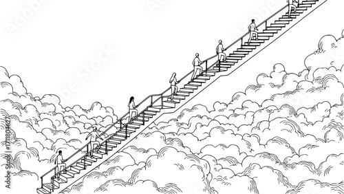 A long, straight staircase stretches into the sky, with people ascending towards the heavens