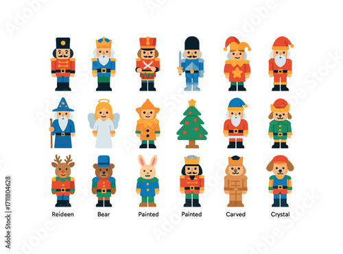 colorful flat vector icons Nutcrackers (Types) soldier nutcracker king nutcracker drummer nutcracker guard nutcracker knight nutcracker jester nutcracker wizard nutcracker angel nutcracker.